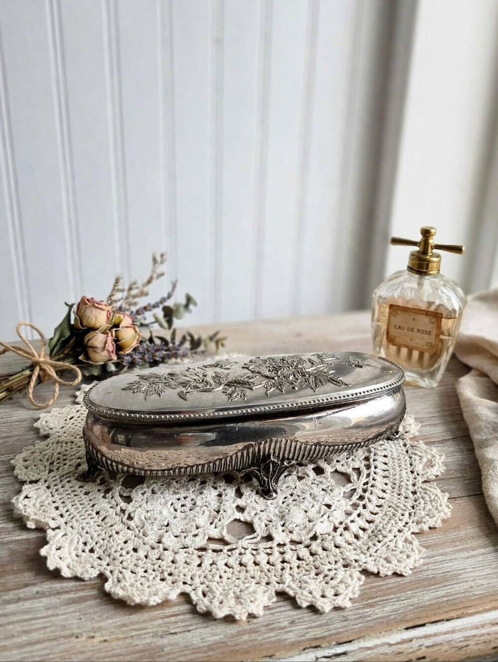 Vintage 1970s Silver Plate Footed Jewelry Box Oval Floral Butterfly Repousse